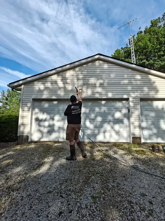 Residential garage soft-wash cleaning in Huntington, IN.